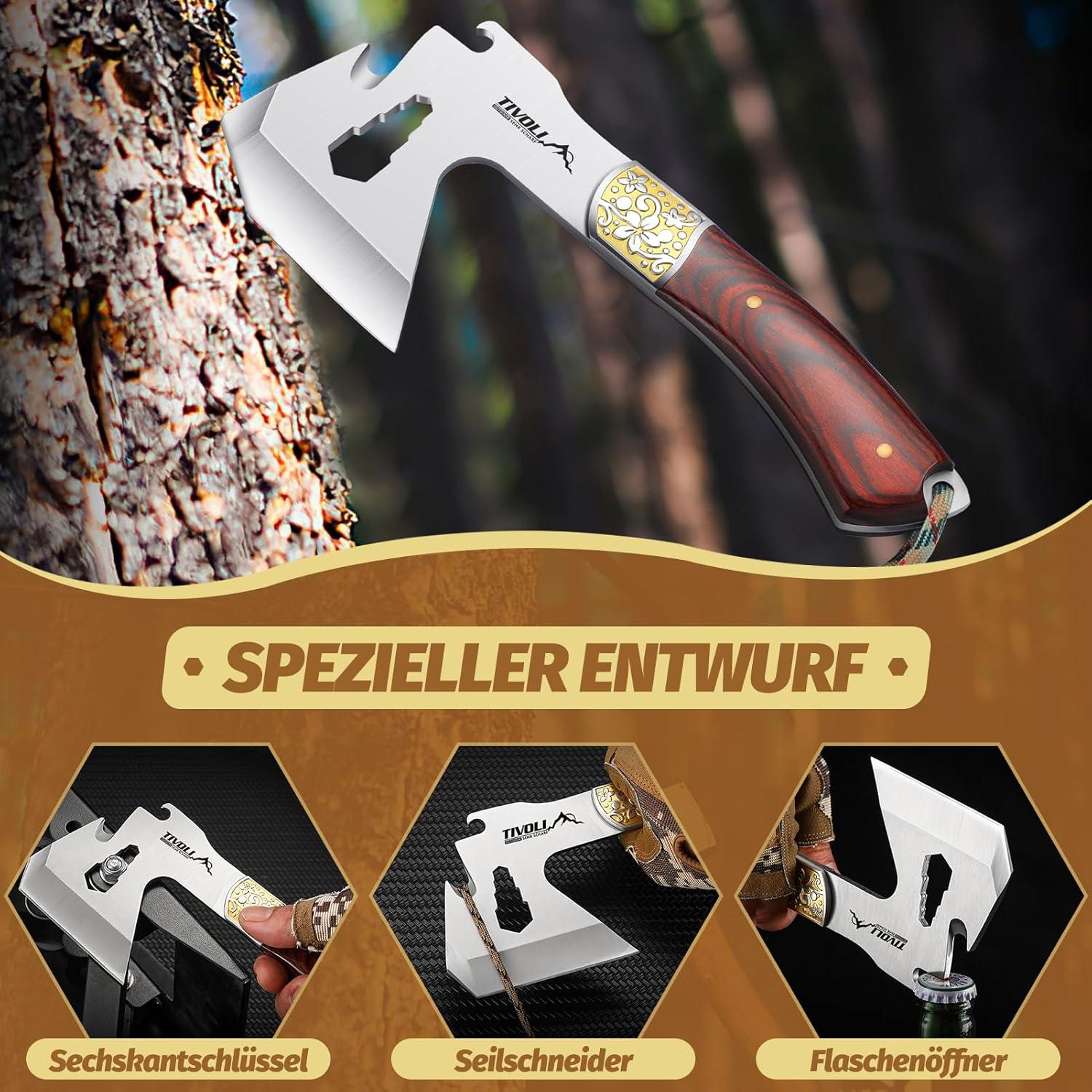 TIVOLI Camping Axt 4-in-1 Survival Axt für Outdoor 24 cm