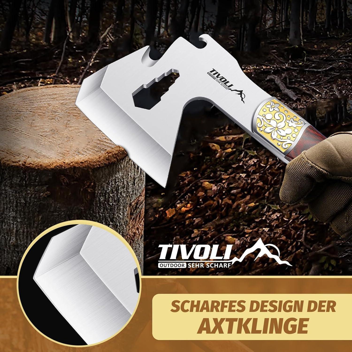 TIVOLI Campingaxt 4-in-1 Tragbare Axt mit Nylonscheide 24 cm Holzgriff Outdooraxt Bushcraft Wandern