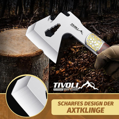 TIVOLI Campingaxt 4-in-1 Tragbare Axt mit Nylonscheide 24 cm Holzgriff Outdooraxt Bushcraft Wandern
