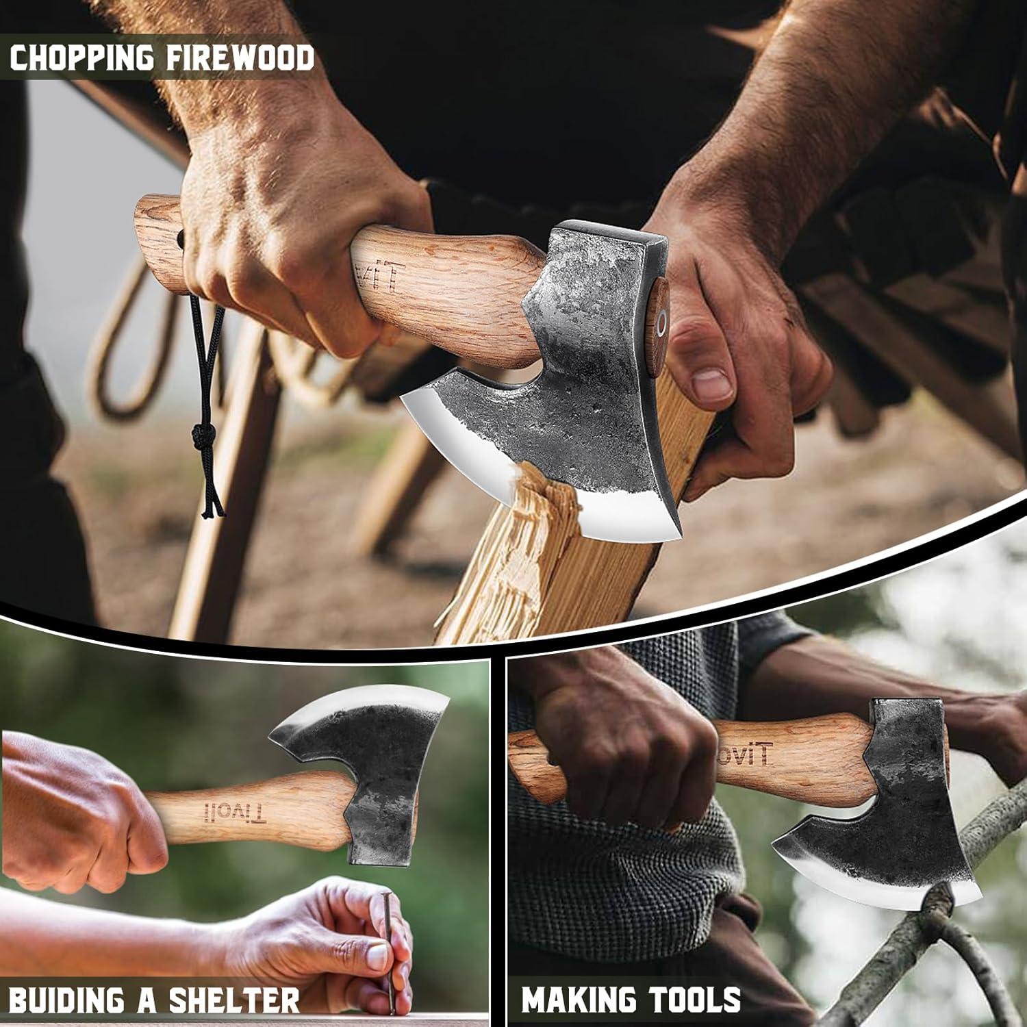 TIVOLI Camping Axt mit Holzgriff und Scheide 27cm Handgeschmiedet & Hochwertige Stahl-Klinge