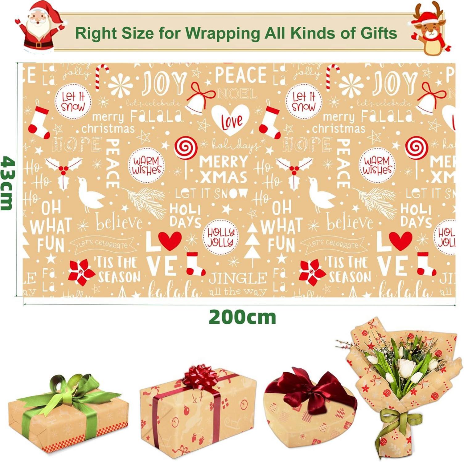 Weihnachtsgeschenkpapier Set mit Geschenkanhänger, 5 Rollen Kraftpapier 2m x 43cm