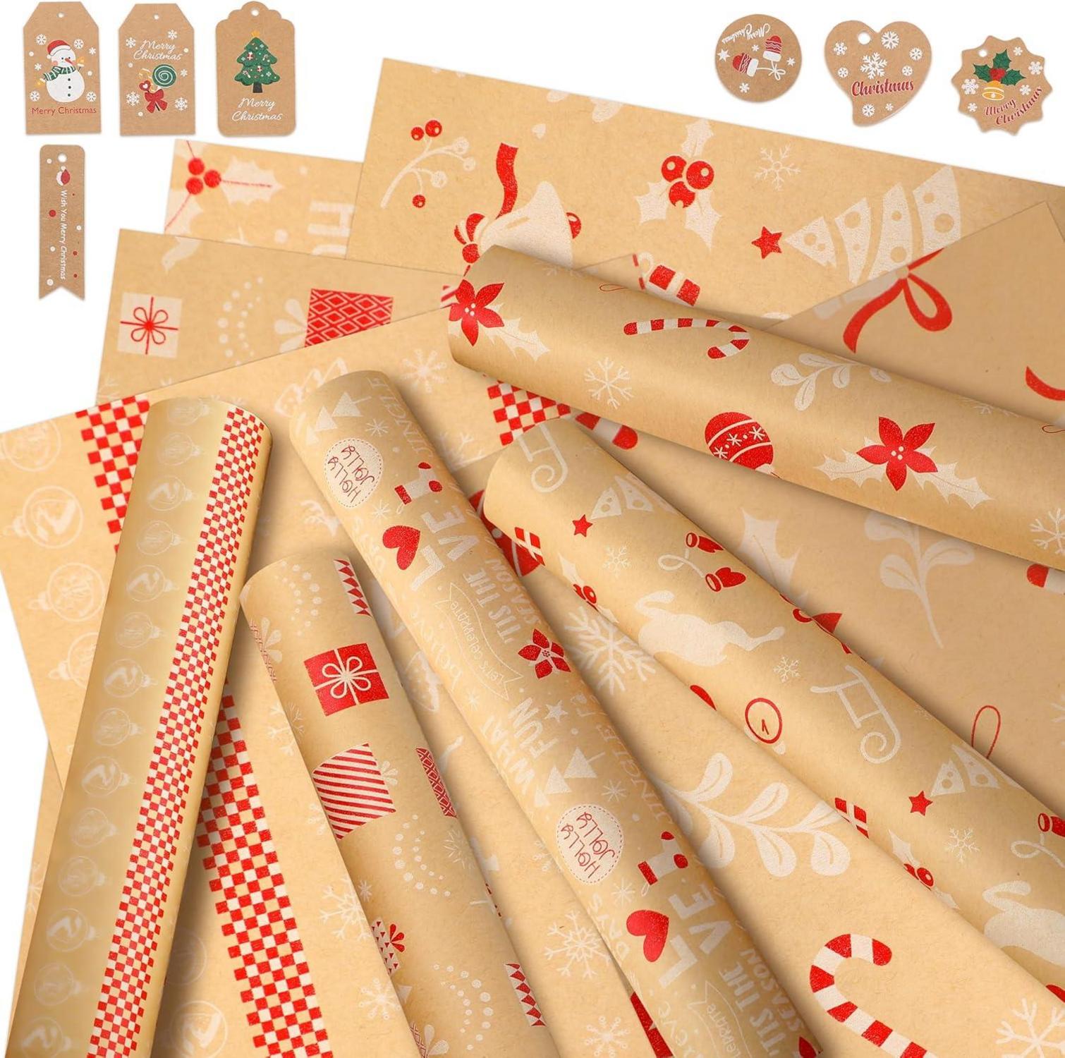 Weihnachtsgeschenkpapier Set mit Geschenkanhänger, 5 Rollen Kraftpapier 2m x 43cm