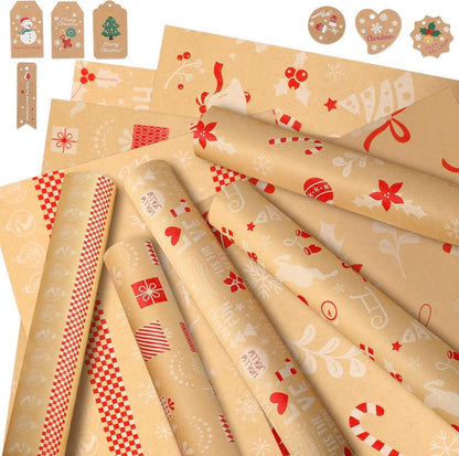 Weihnachtsgeschenkpapier Set mit Geschenkanhänger, 5 Rollen Kraftpapier 2m x 43cm