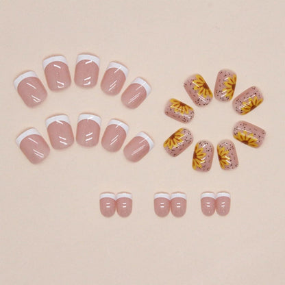 24 Weiße Eckige Kunstnägel Press on Nails Sunflower Design