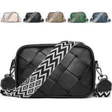Damen Umhängetasche Leder Schwarz Weißer Gurt Crossbody