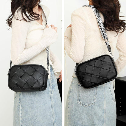 Damen Umhängetasche Leder Schwarz Weißer Gurt Crossbody
