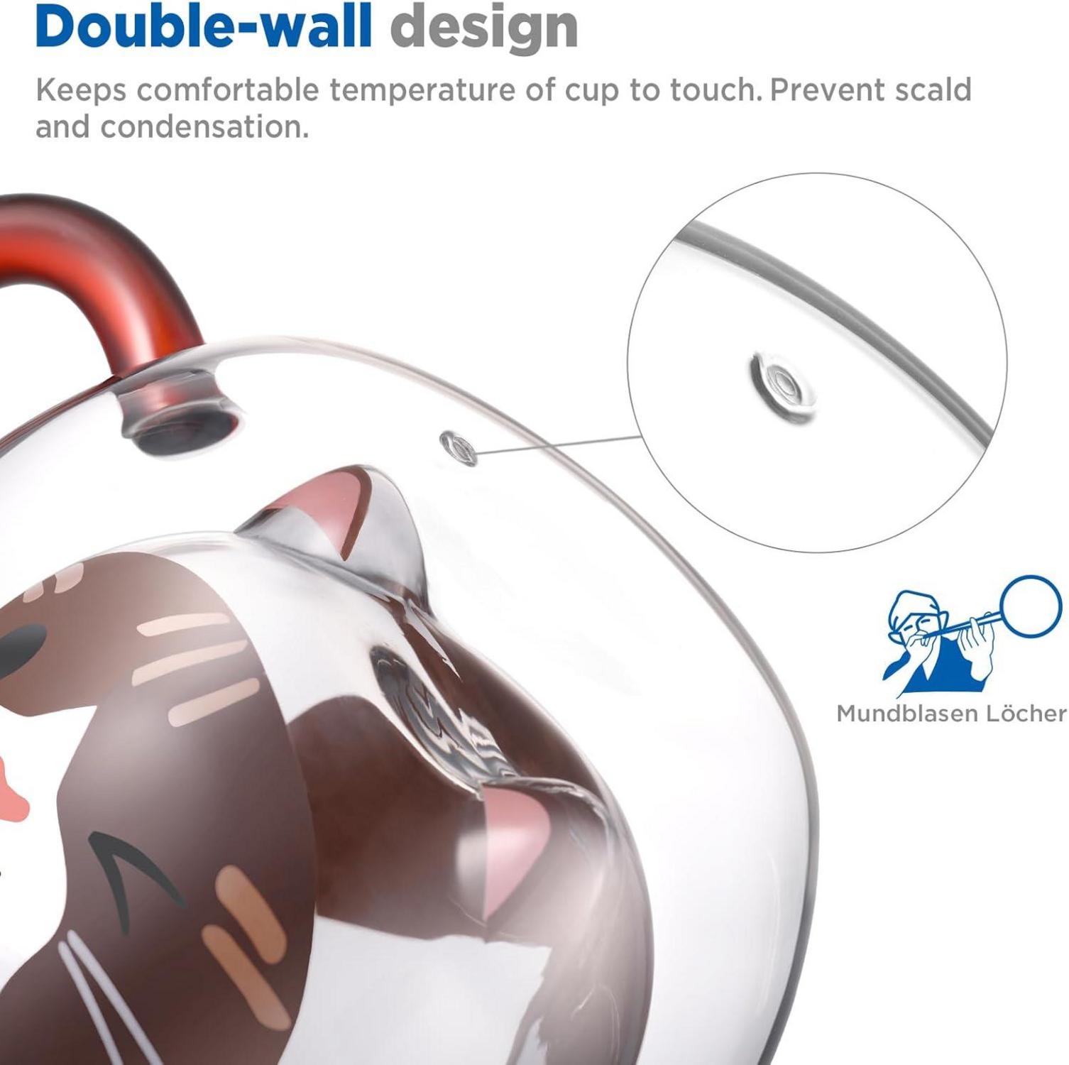 Doppelwandige Katzen Tasse 280ml, süßes Design, Geschenkidee