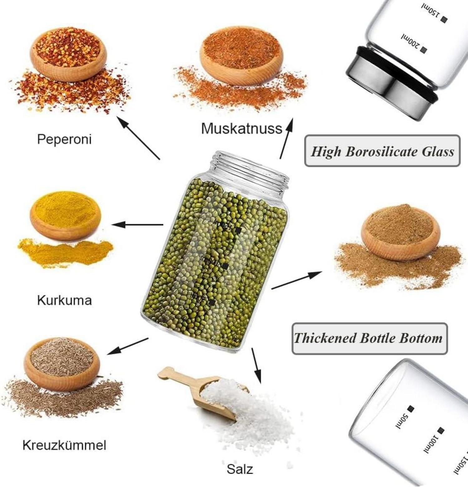 Gewürzgläser mit Drehdeckel, 150ml Borosilikatglas, 3 Arten von Gewürzlöchern