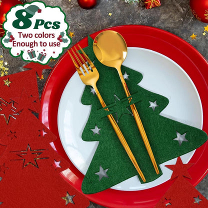 Weihnachtsbaum Besteckhalter Filz 8tlg. Tischdeko Weihnachten Rot Grün