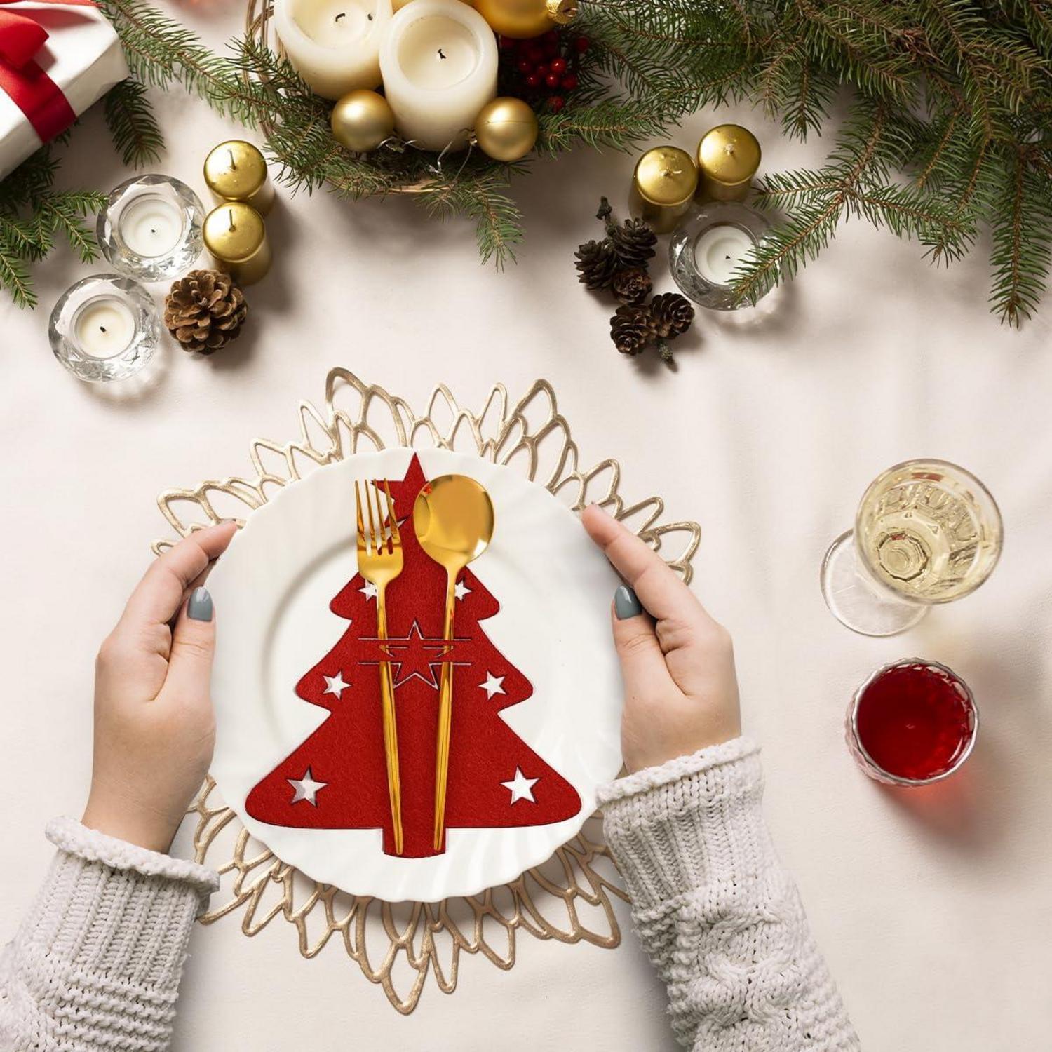 Weihnachten Besteckhalter Filz 8 Stück Tischdeko Rot Grün Tannenbaum