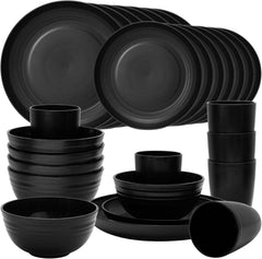 24-teiliges Camping Geschirr Set Kunststoff Plastikgeschirr Schwarz