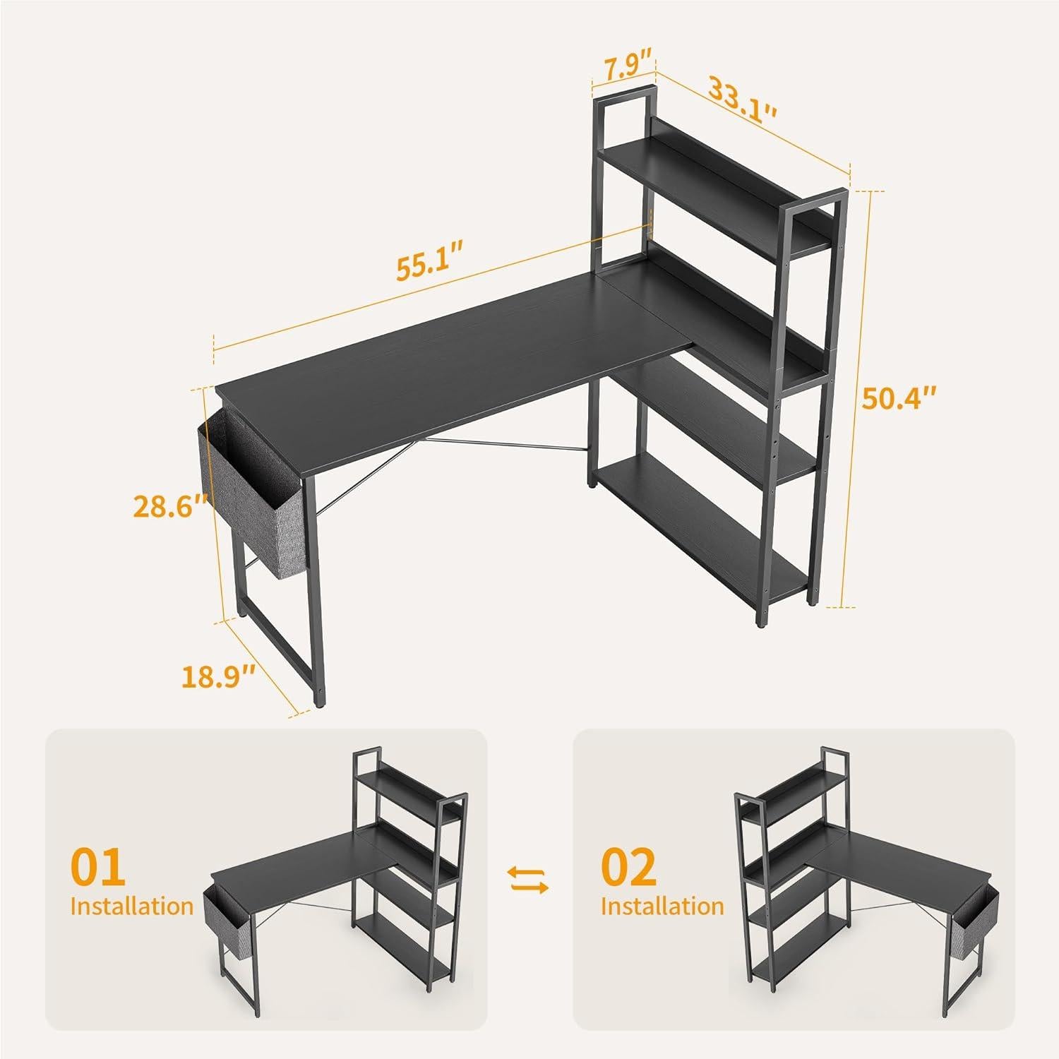 Schreibtisch mit Regal und Ablagefächern 140cm Schwarz