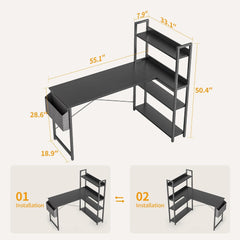 Schreibtisch mit Regal und Ablagefächern 140cm Schwarz