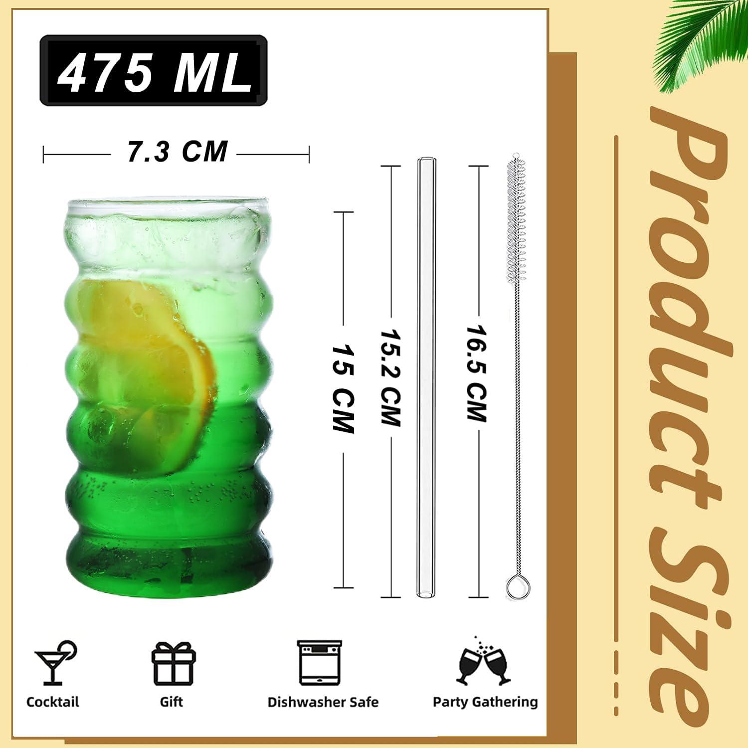 Gerippte Trinkgläser Set of 2 mit Glas-Strohhalmen 475ml
