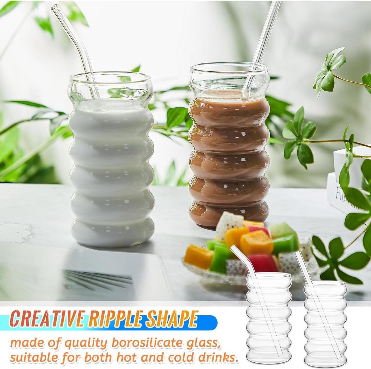 Gerippte Trinkgläser Set 2 mit Glas Strohhalmen 475ml