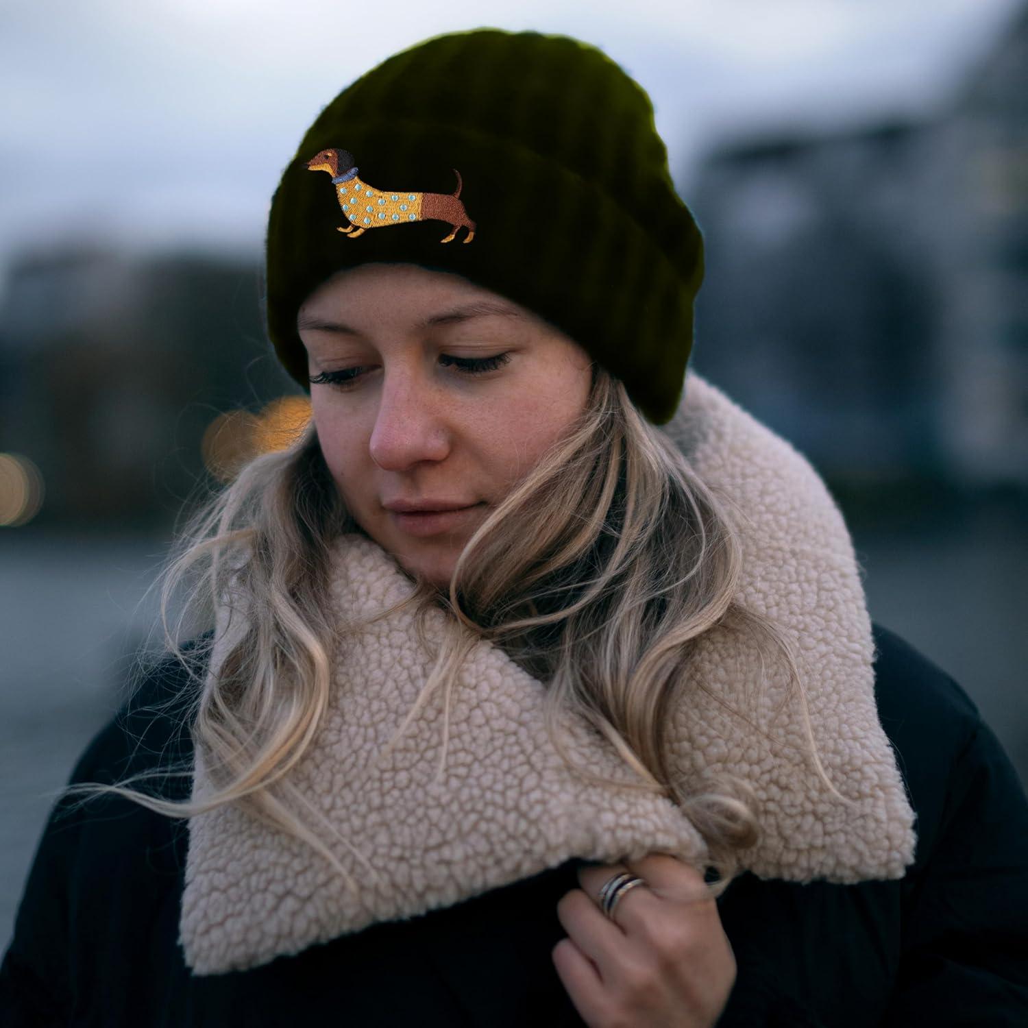 Jeasona Strickmütze Winter warm Einheitsgröße Dackel Stickerei