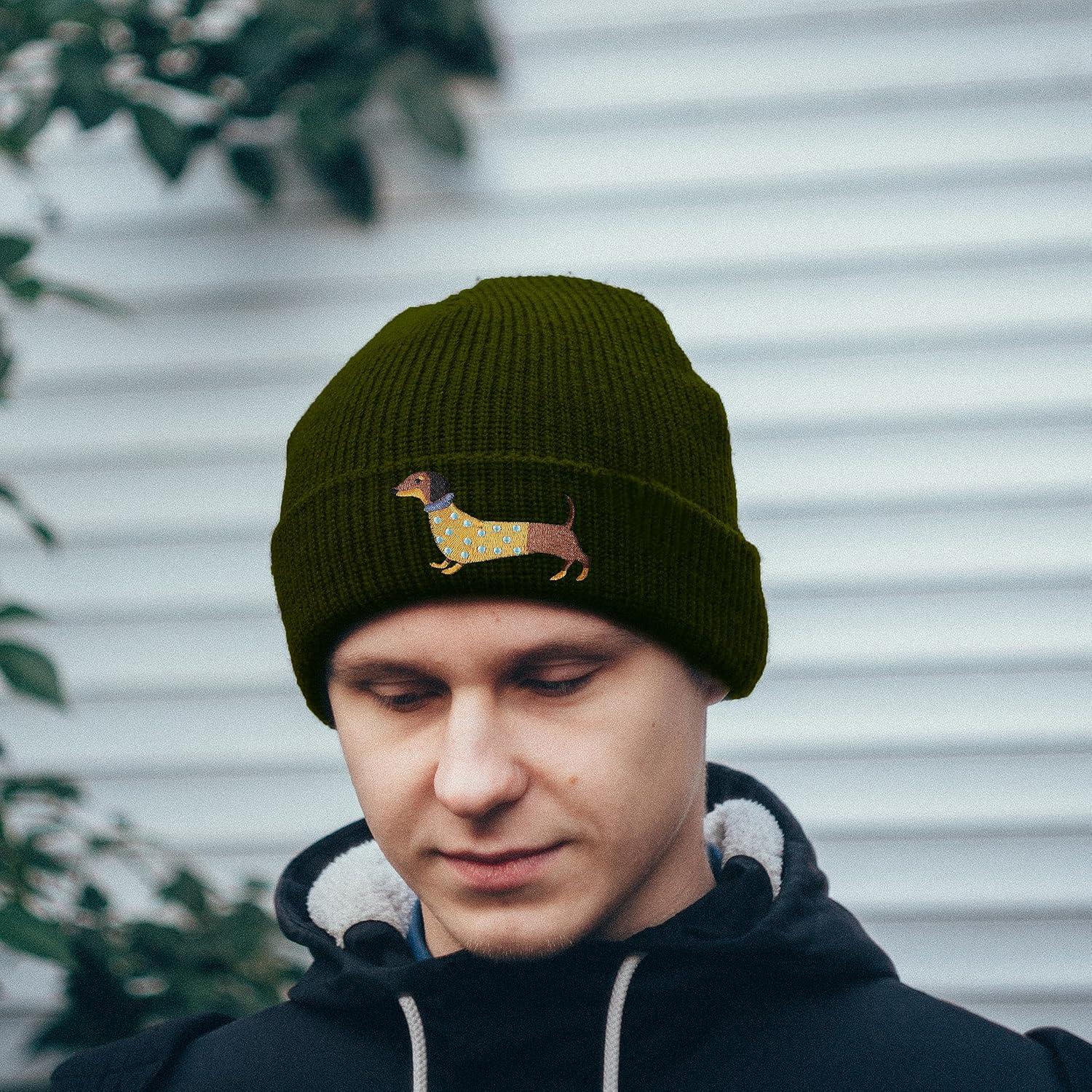 Strickmütze Winter Warm Einheitsgröße Dunkelgrün Dackel Stickerei