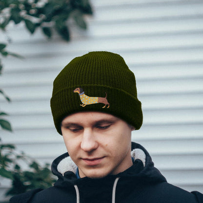 Strickmütze Winter Warm Einheitsgröße Dunkelgrün Dackel Stickerei