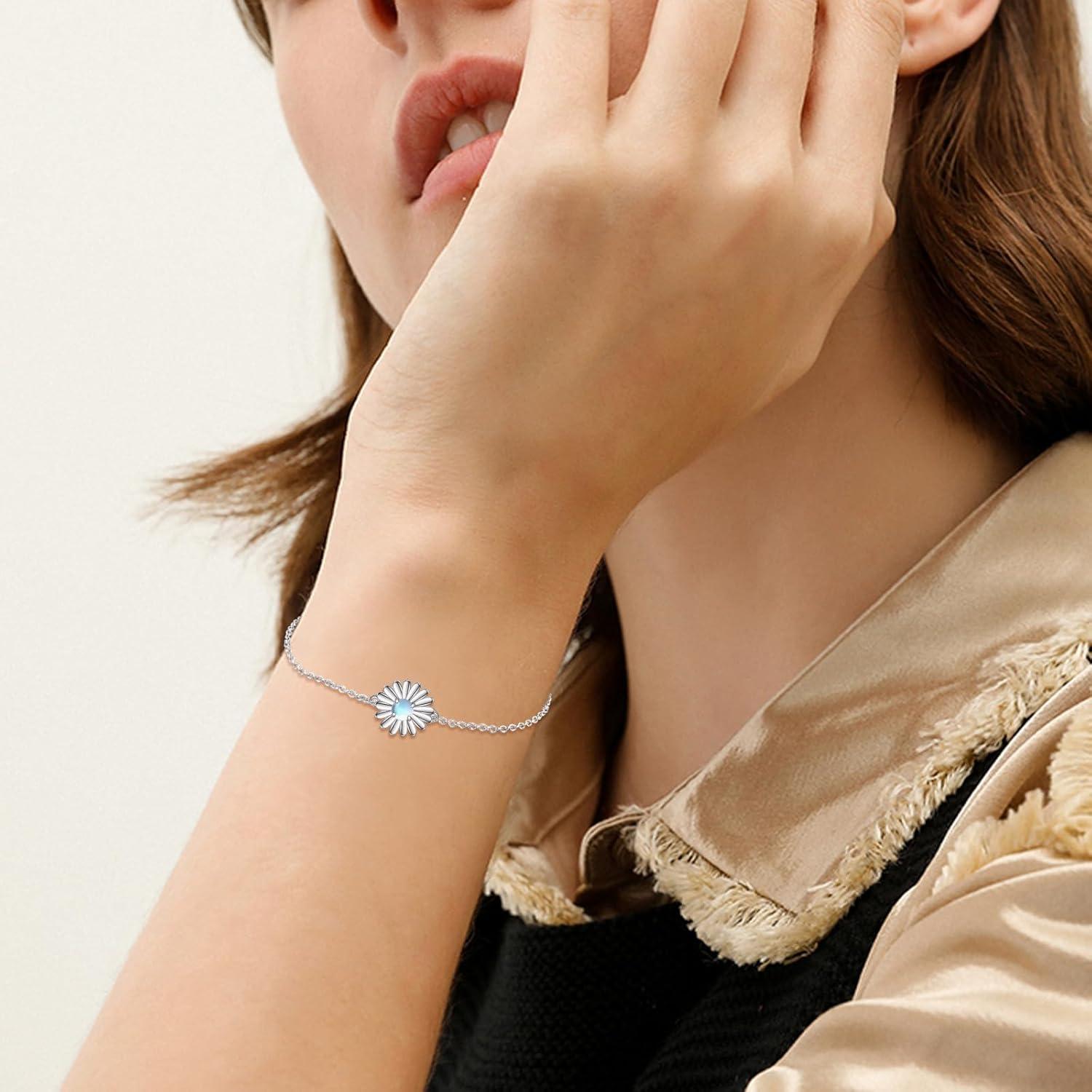 VONALA Gänseblümchen Mondstein Armband 925 Silber Verstellbar Damen Mädchen