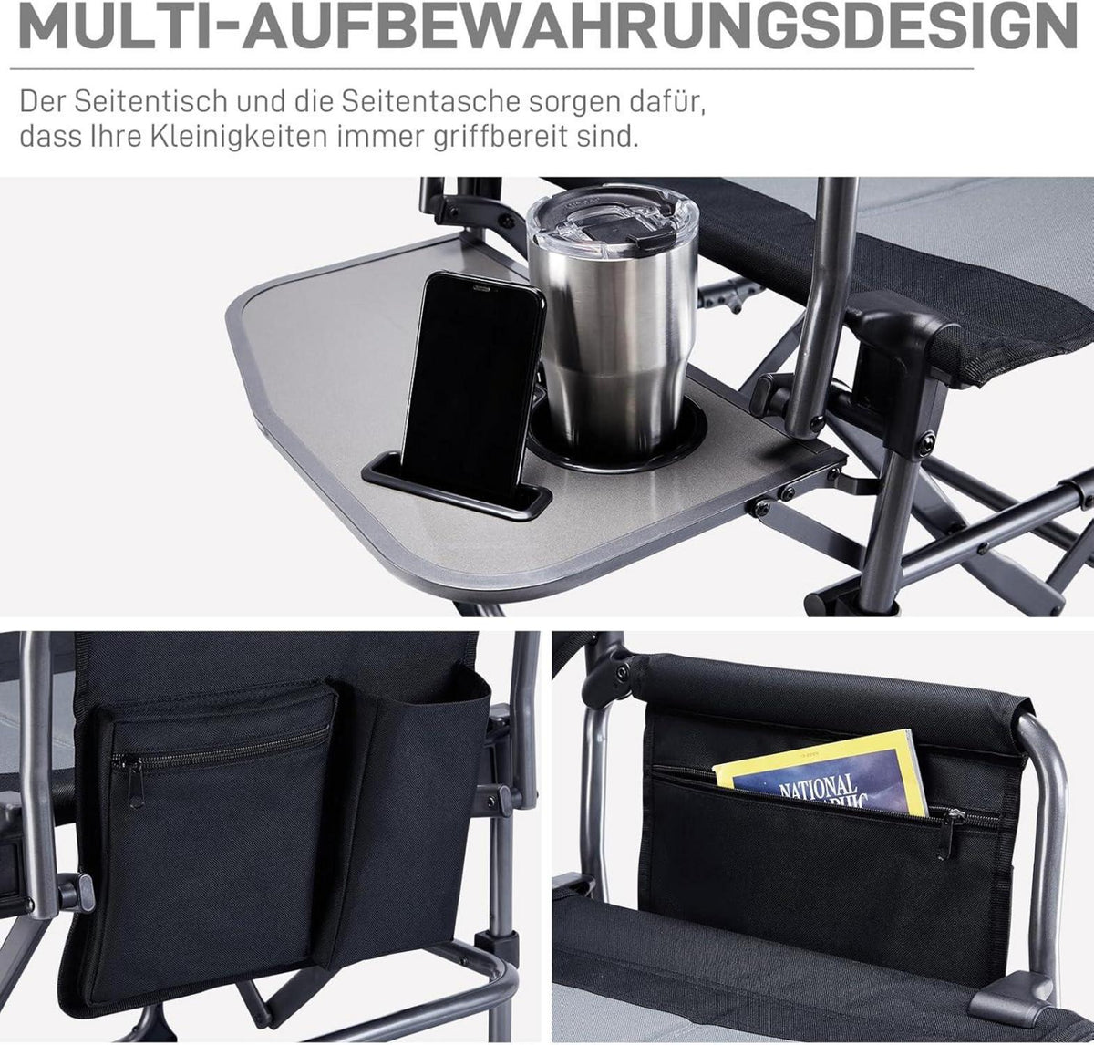Faltbarer Campingstuhl 180KG Belastbar mit Seitentisch und Tasche