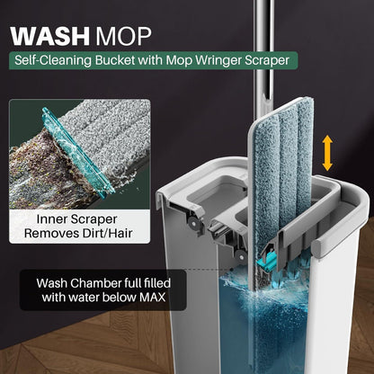 Flachmopp mit Eimer & 6 Mikrofaser-Pads, ausziehbarer Griff