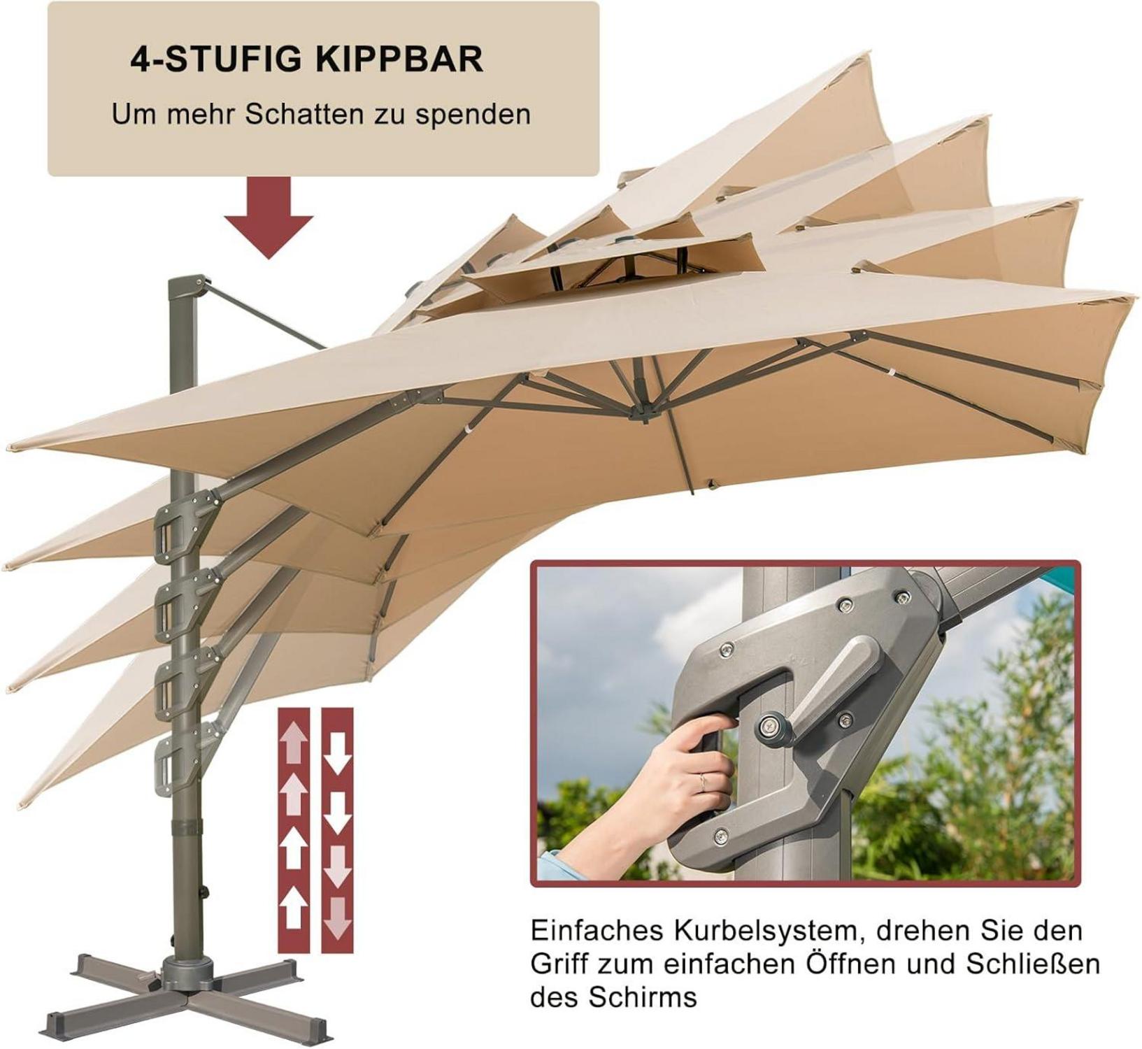 Sonnenschirm 300x400cm Rechteckig mit Ständer und Kurbel, Groß Ampelschirm Terrassenschirm 360°Drehbar Wasserdicht Khaki