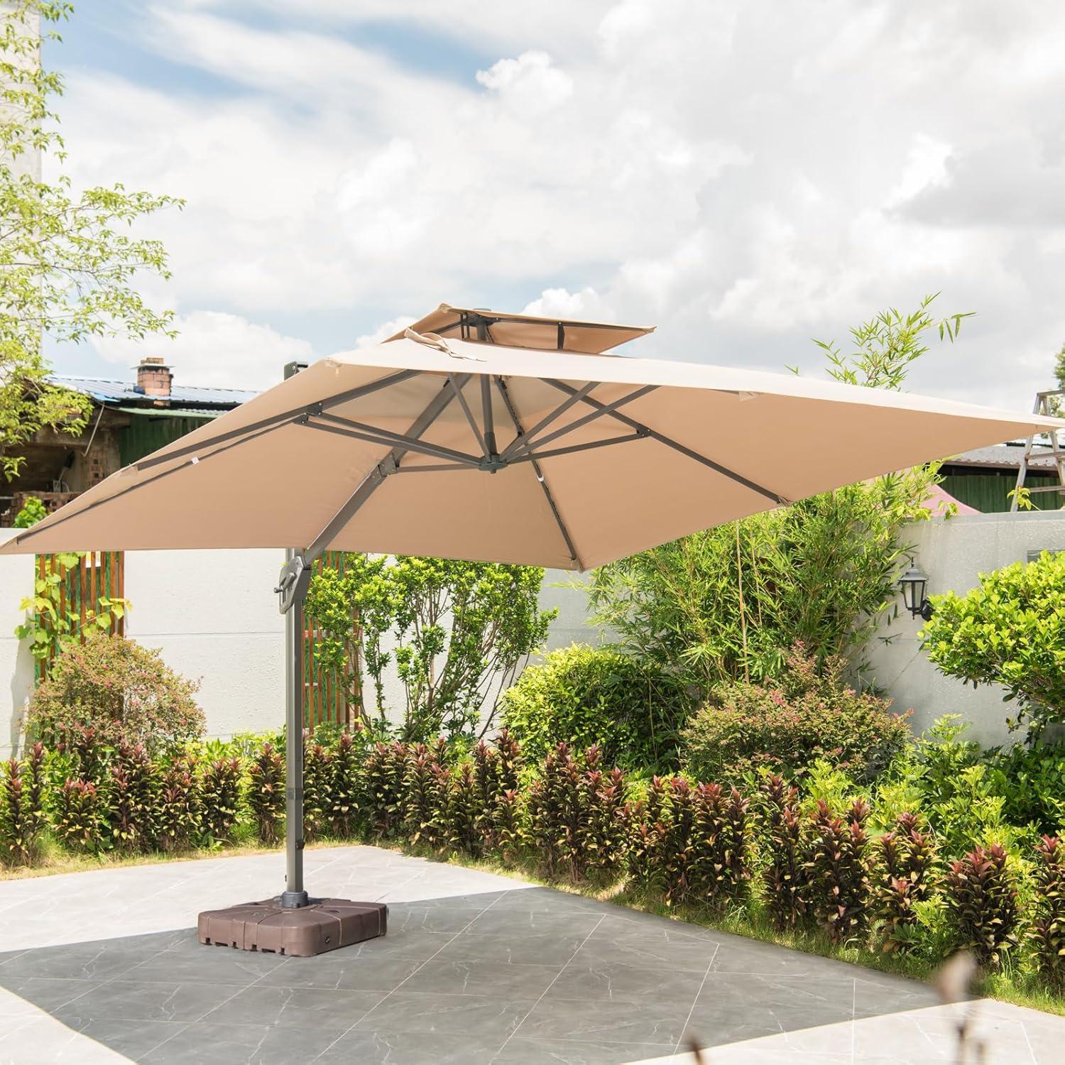 Sonnenschirm 300x400cm Rechteckig mit Ständer und Kurbel, Groß Ampelschirm Terrassenschirm 360°Drehbar Wasserdicht Khaki