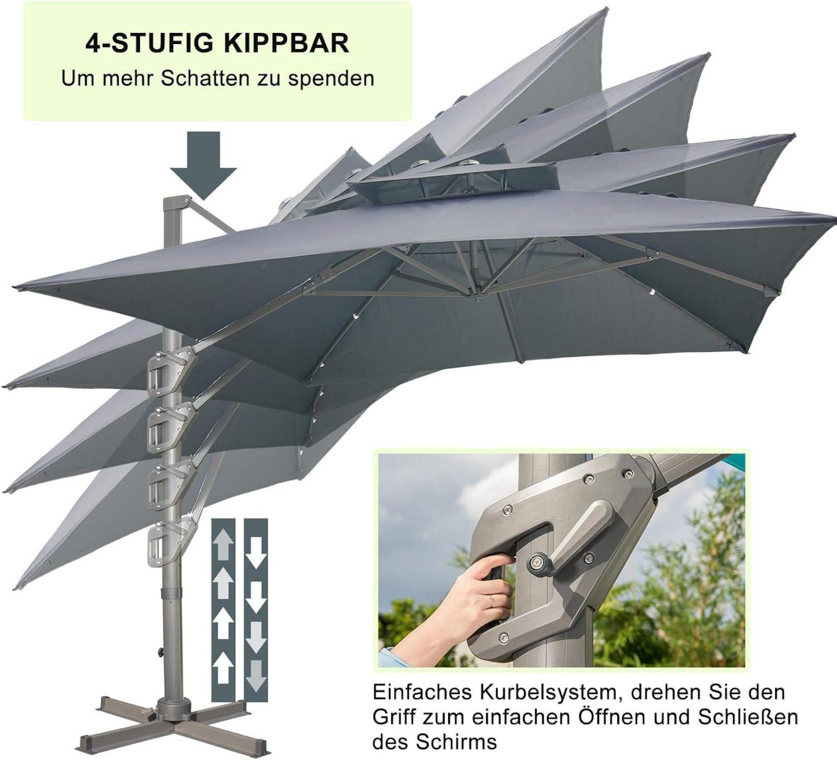 Sonnenschirm 300x400 cm rechteckig mit Ständer und Kurbel, ampelschirm groß grau