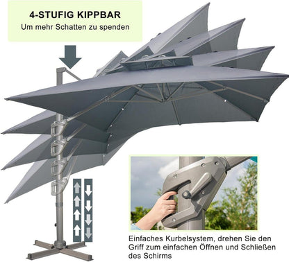Sonnenschirm 300x400 cm rechteckig mit Ständer und Kurbel, ampelschirm groß grau