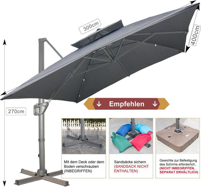 Sonnenschirm 300x400 Rechteckig mit Ständer & Kurbel Grau