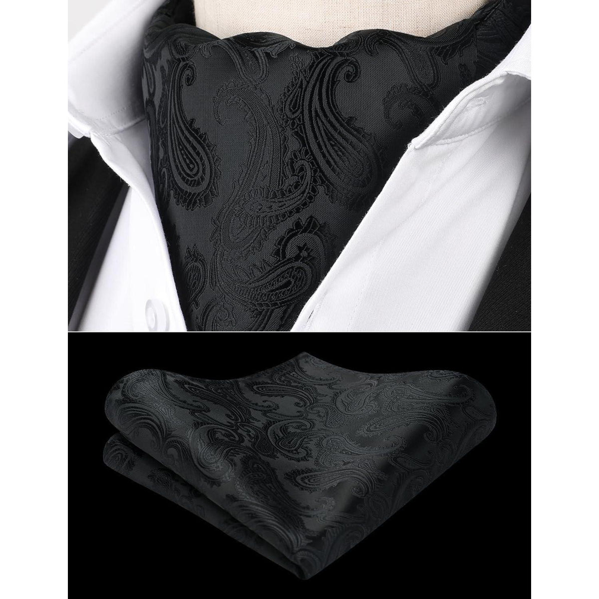 Herren Krawattenschal & Einstecktuch Set Paisley Schwarz