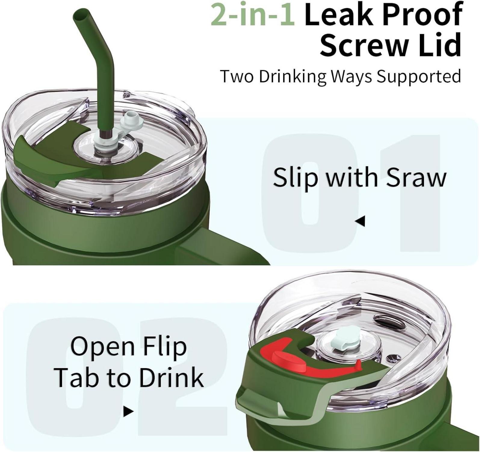 MOMSIV 40oz Thermobecher mit Stroh und Griff, Auslaufsicherer Kaffeebecher 1100ml, Edelstahl Isolierbecher Grün