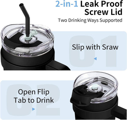 Thermobecher mit Strohhalm und Griff, 40oz Isolierbecher Schwarz