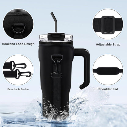 Isolierbecher 40oz Vakuum Thermobecher Schwarz mit Strohhalm