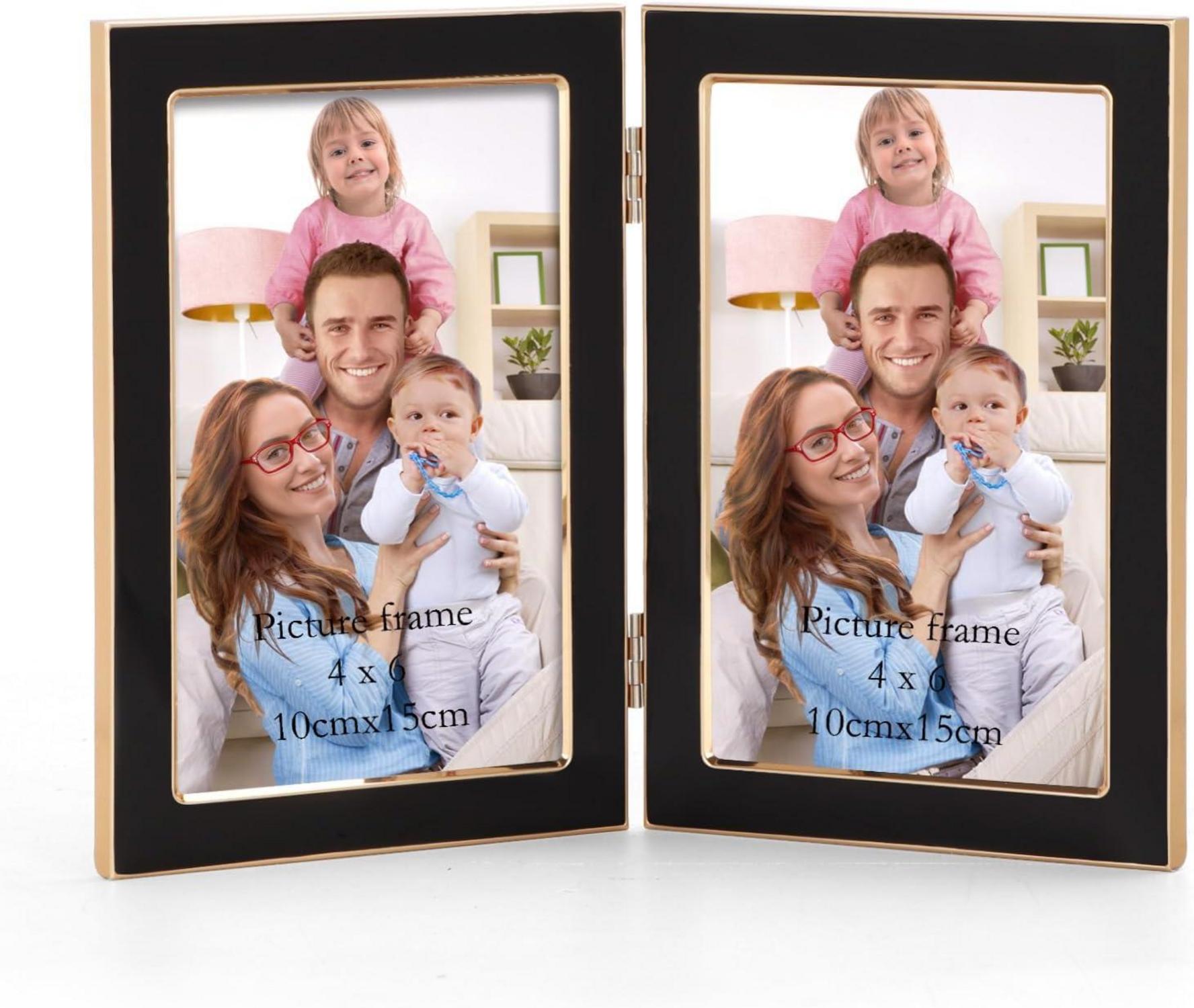 Doppelter Bilderrahmen 10x15 cm Schwarz Klappbar Fotorahmen gehärtetes Glas Goldener Metallumrandung