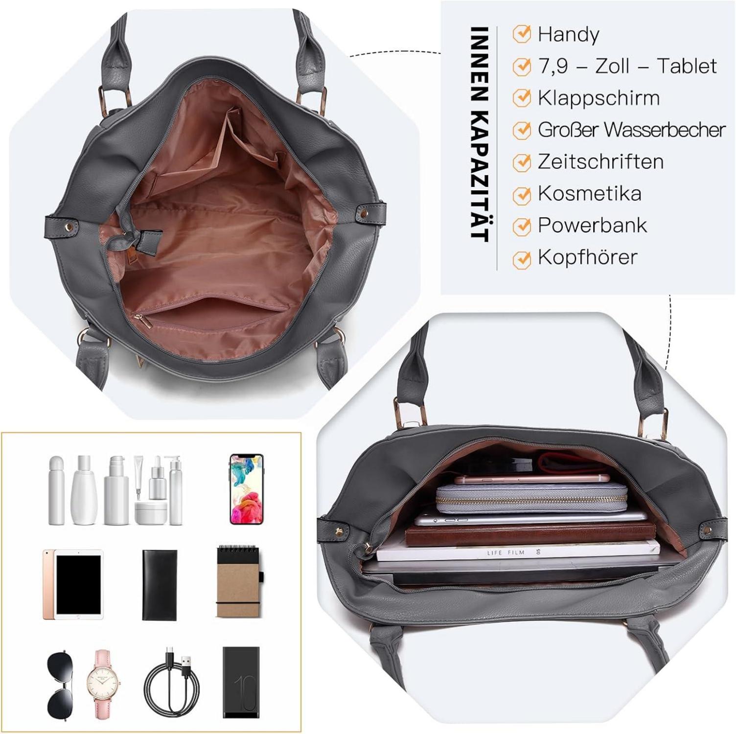 Damen Handtasche Groß Shopper Tote Bag PU Leder Dunkelgrau