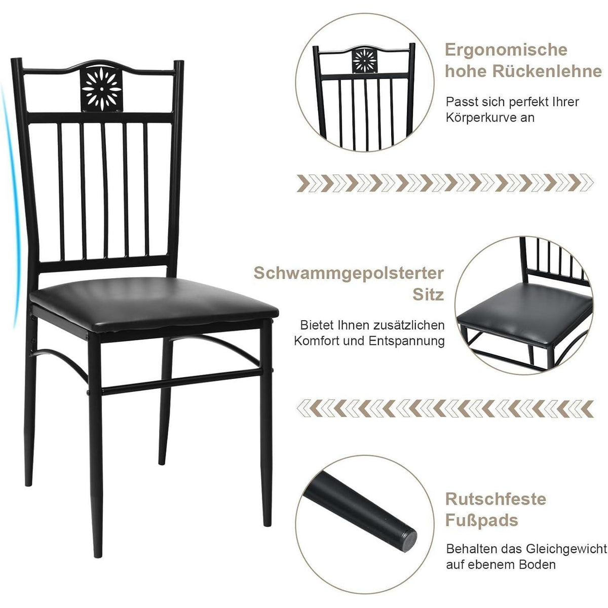 5-teilige Essgruppe Schwarz – Moderner Esstisch mit 4 gepolsterten Stühlen