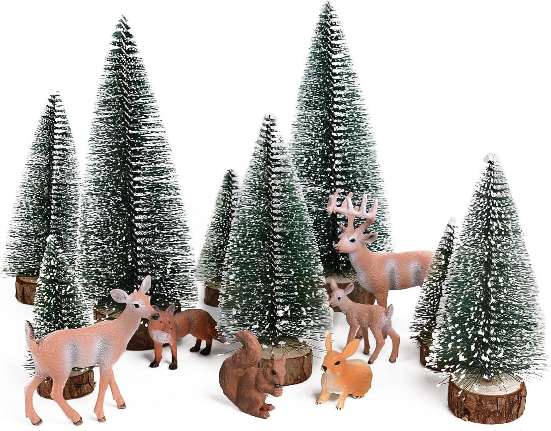 14er Mini Weihnachtsfiguren Set, künstlicher Tannenbaum und Tier Ornamente