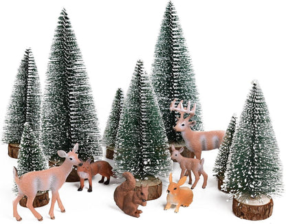 14er Mini Weihnachtsfiguren Set, künstlicher Tannenbaum und Tier Ornamente