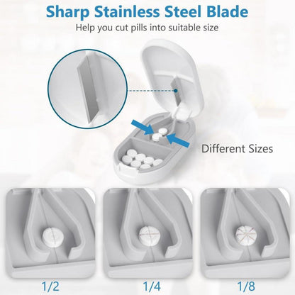Tablettenteiler mit Aufbewahrungsfach für kleine & große Tabletten, tragbarer Pillenschneider mit scharfen Klingen