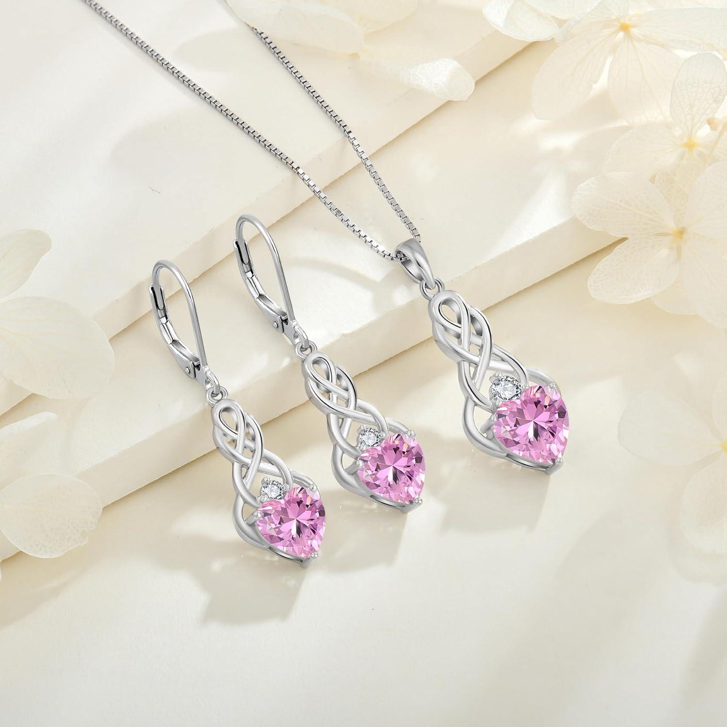 Unendlichkeit Keltischer Knoten Ohrringe 925 Silber Geburtsstein Oktober - Rosa