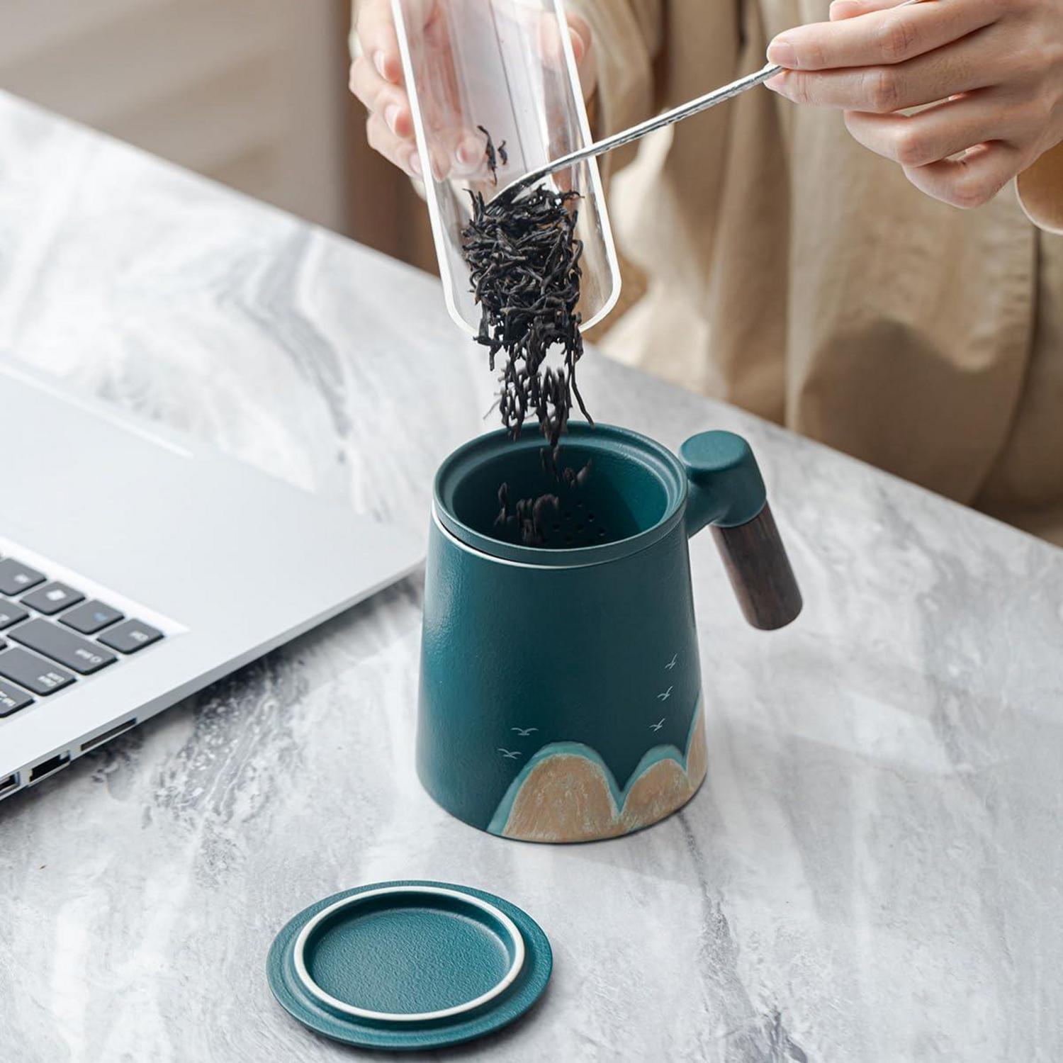 Hsnbosym Teebecher Keramik 400ml Sandelholzgriff