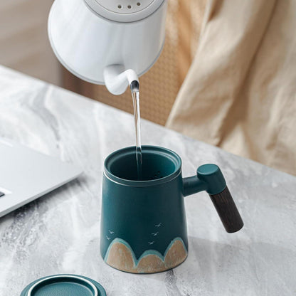 Teebecher Keramik Sandelholzgriff Handgemaltes Muster Grün