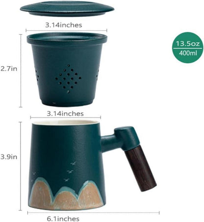 Teebecher Keramik 400ml Sandelholzgriff handgemaltes Muster Grün