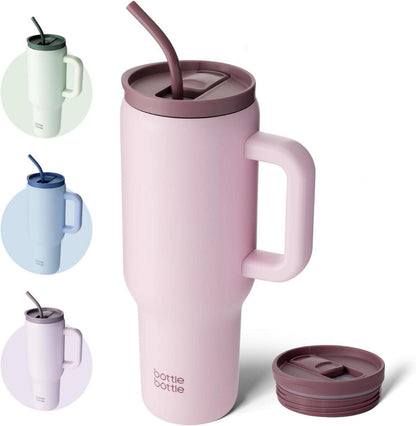 Rosa Edelstahl Kaffeebecher mit Griff und Strohhalm 40oz 1.1L