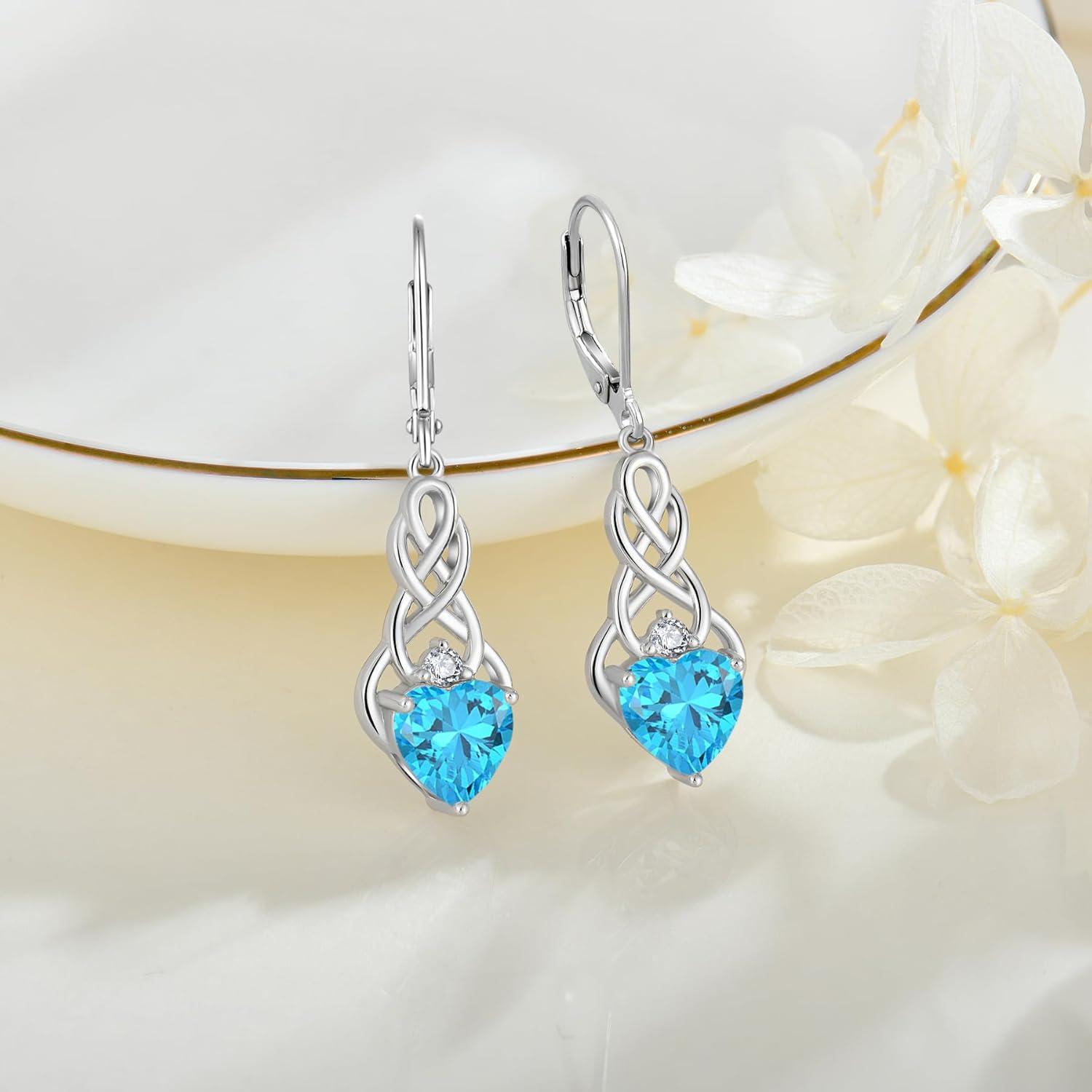 FJ Unendlichkeit Keltischer Knoten Ohrringe Damen 925 Sterling Silber Aquamarin-Geburtsstein