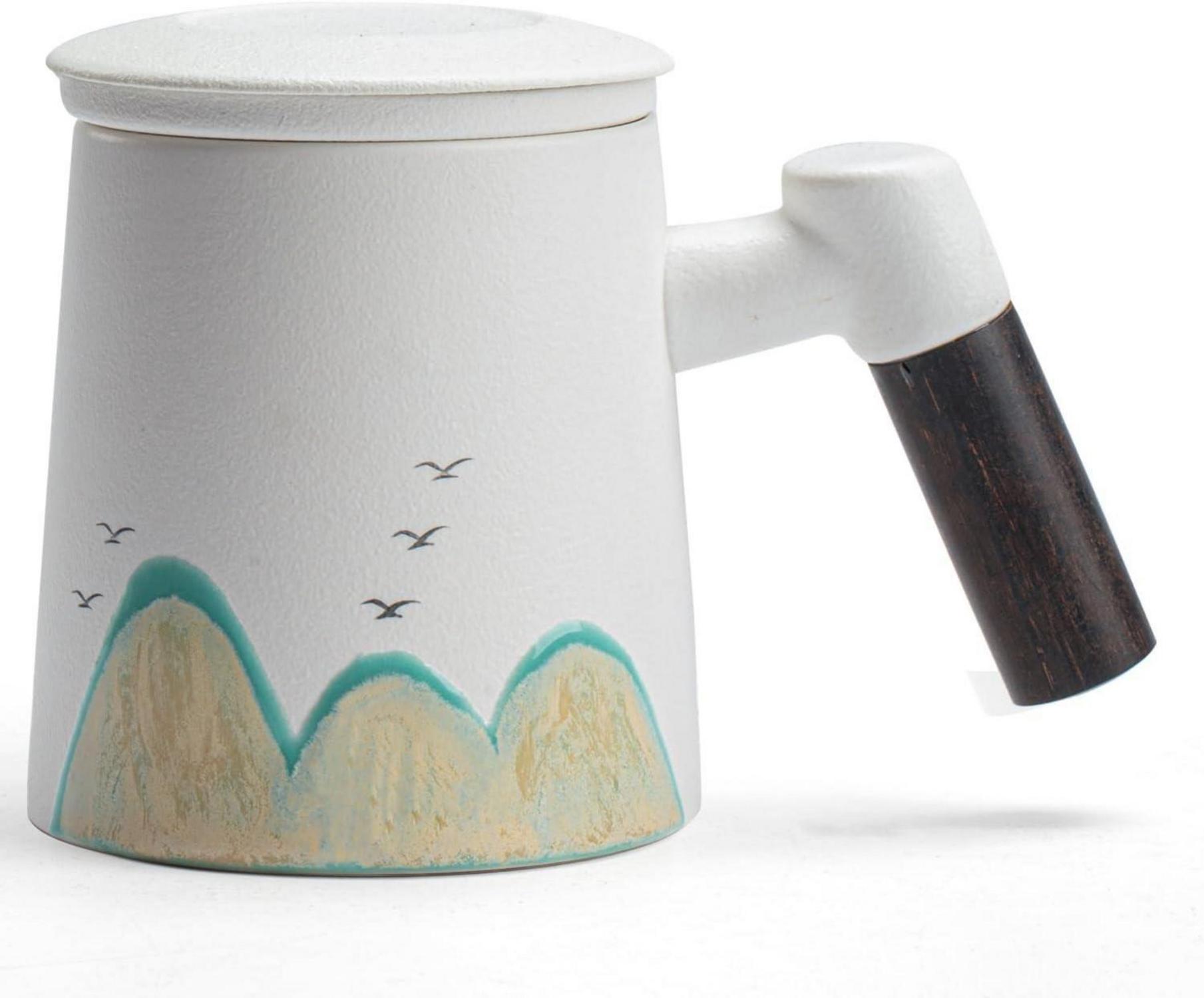 Handgemalter Teebecher aus Keramik mit Sandelholzgriff und Deckel