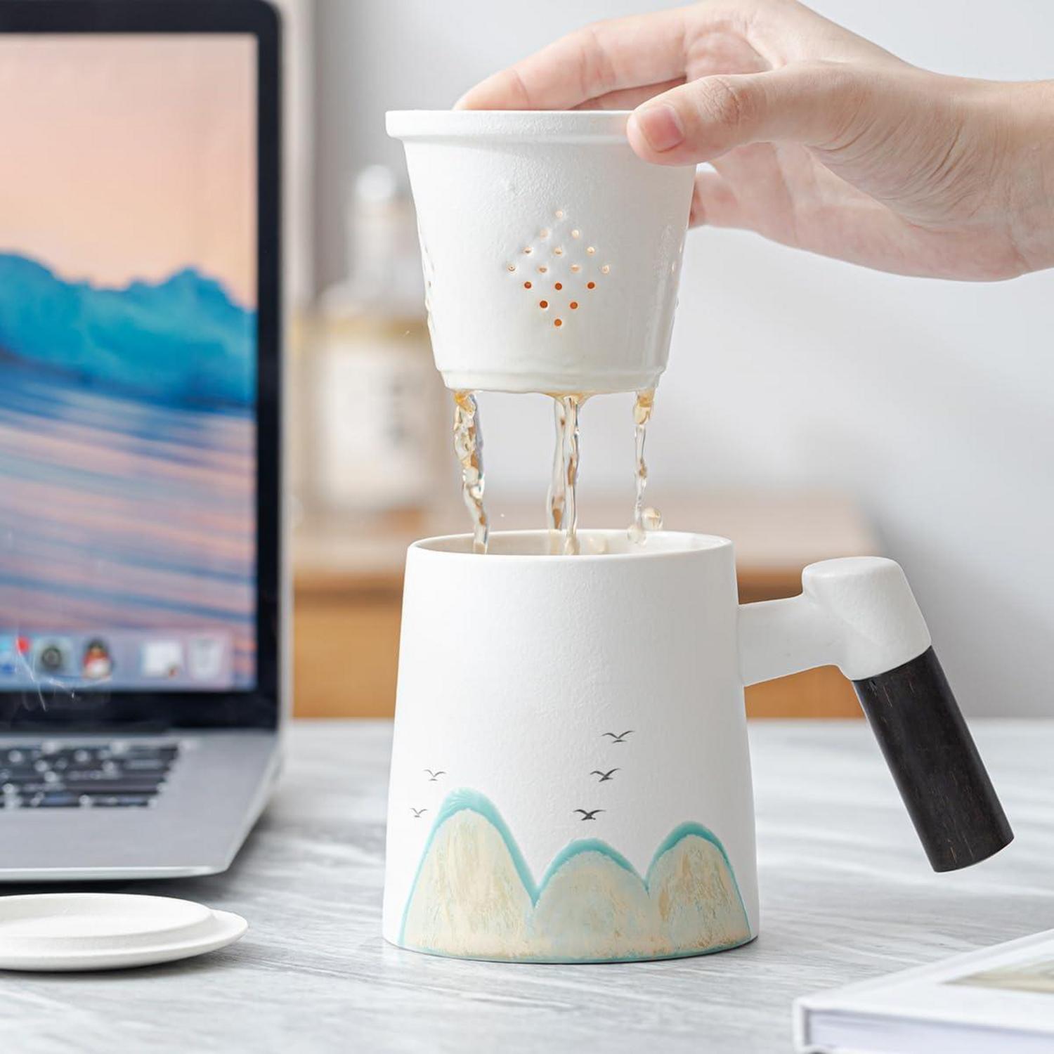 Hsnbosym Teebecher mit Deckel 400ml Keramik Teetasse Sandelholzgriff