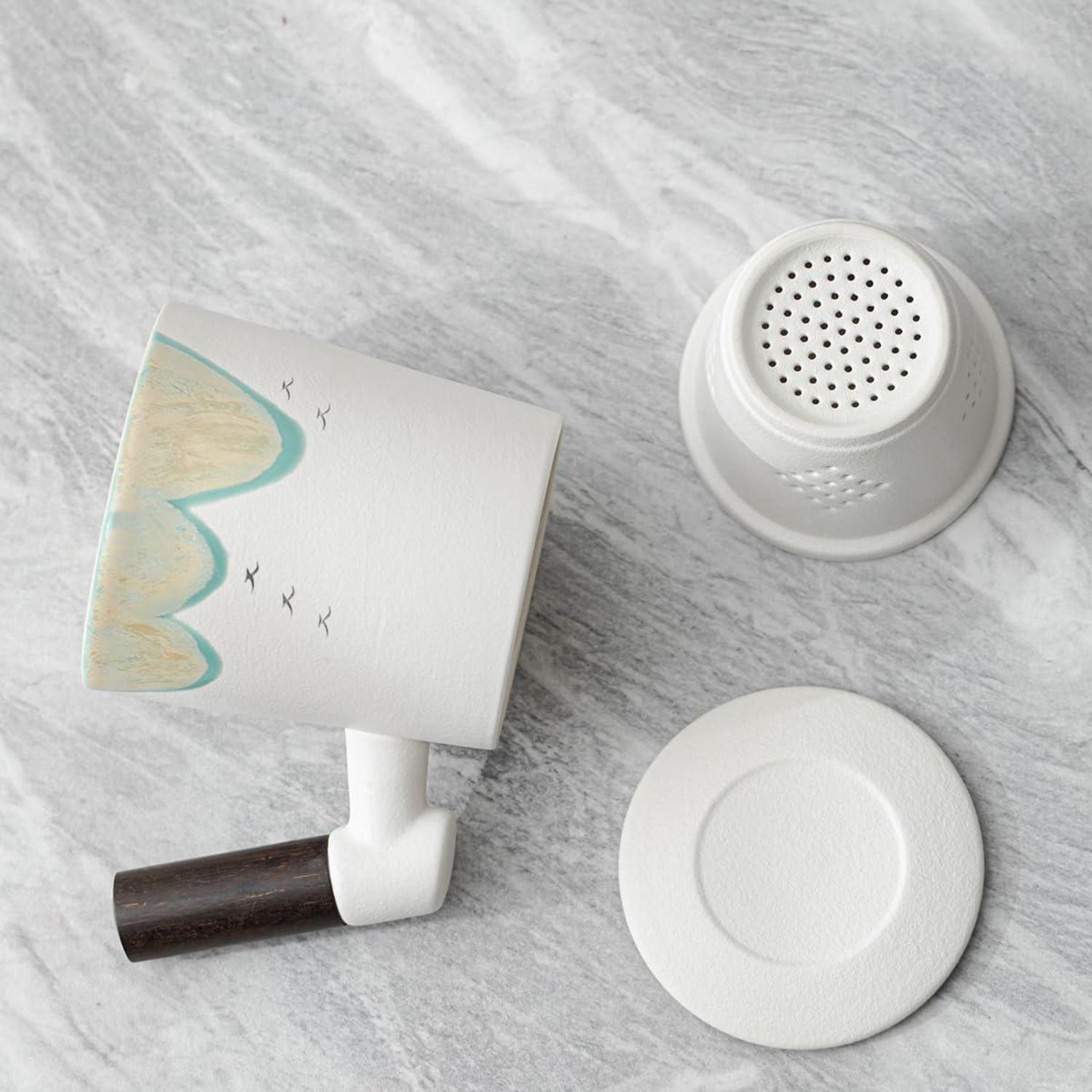 Teebecher mit Deckel 400ml Keramik Sandelholzgriff Muster