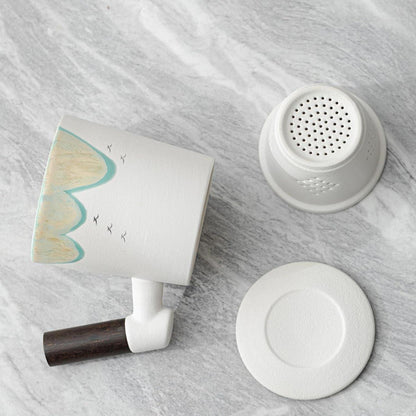 Teebecher mit Deckel 400ml Keramik Sandelholzgriff Muster